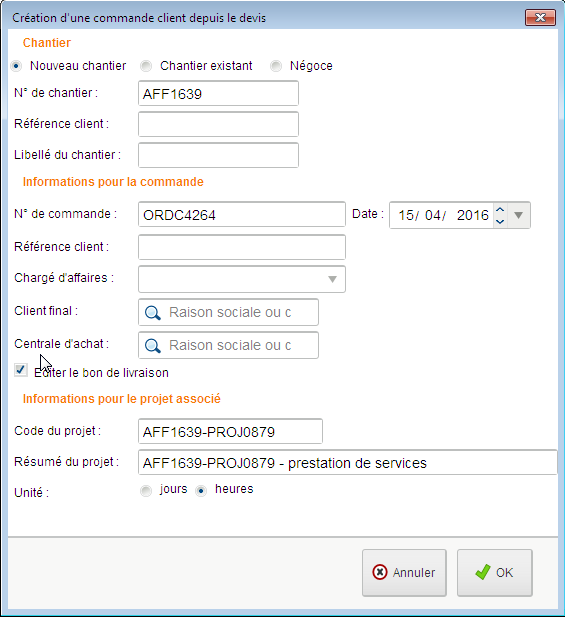 création commande crm